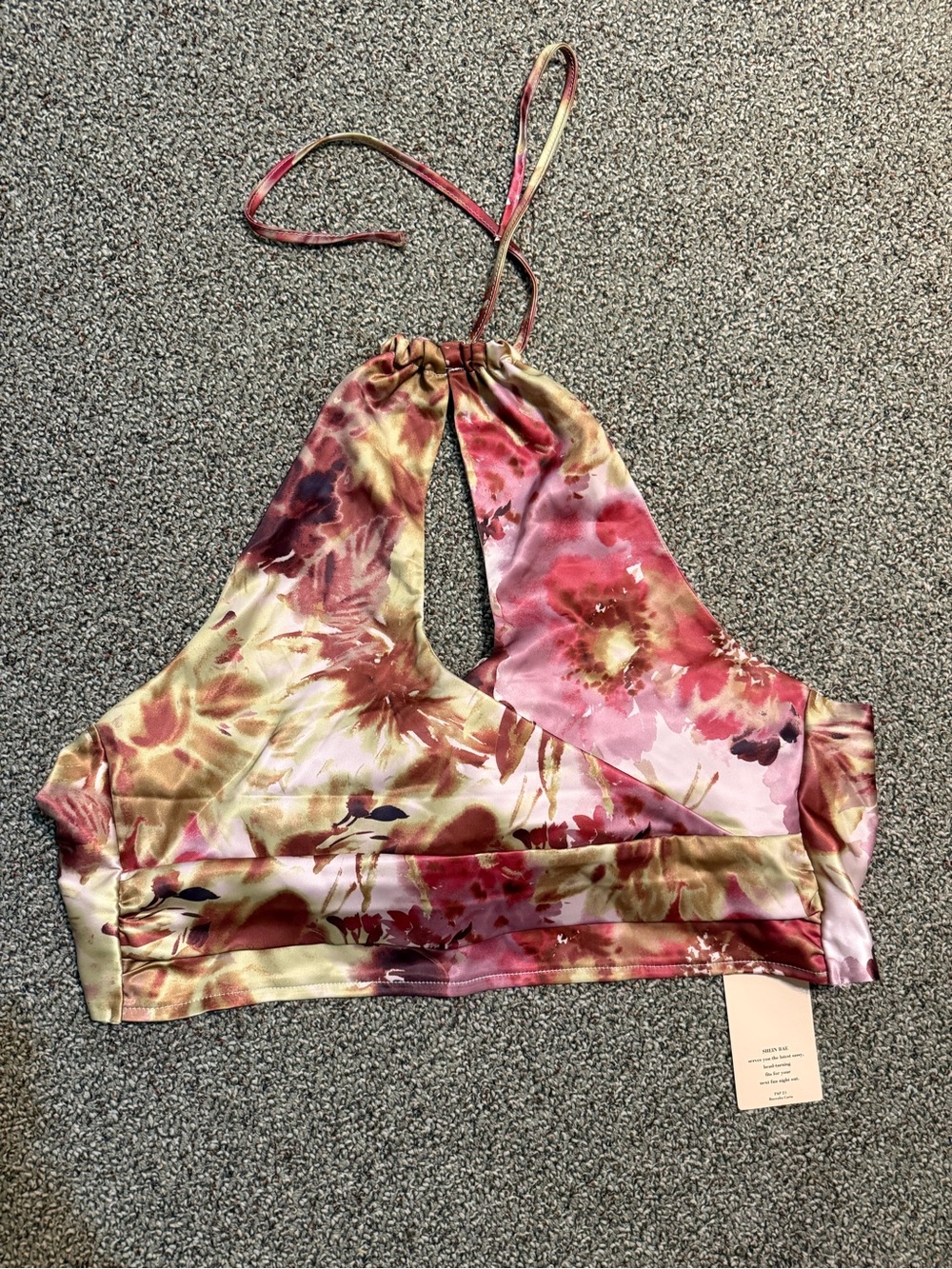 SHEIN Pink and Olive Floral Halter Tie-Back Crop Top